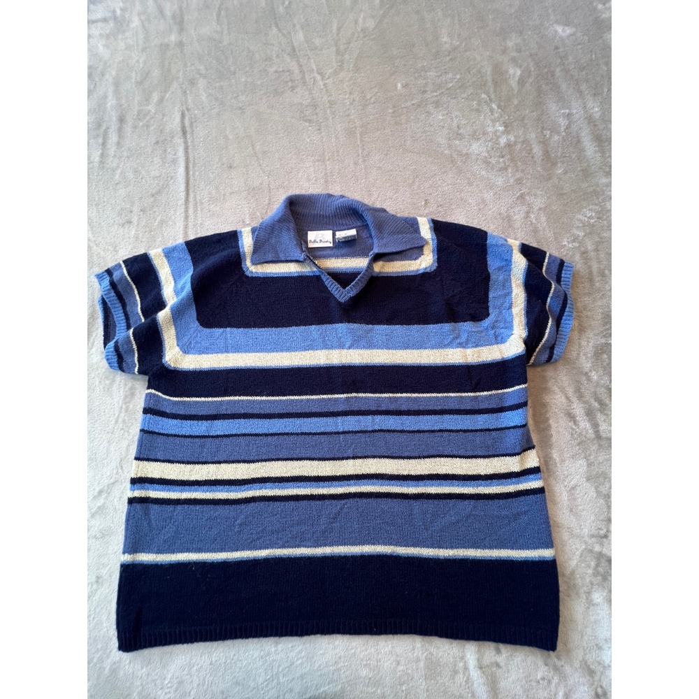 Bobbie Brooks Sweater Polo Women XL Blue Striped Short Sleeve